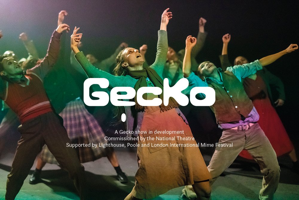 Poster featuring performers in action, standing up with arms raised and looking up 