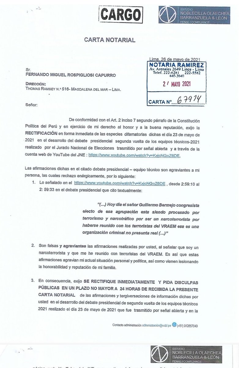 El. Difamador de Rospigliosi ya está notificado. O se rectifica o lo veo en los tribunales.