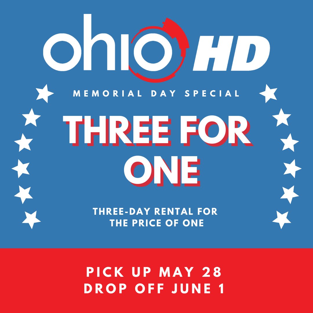 ohdstudios's tweet photo. In observance of Memorial Day, we will be closed on Monday, May 31. To commemorate the holiday, we are running a 3-day rental deal! Pickup Friday afternoon and return Tuesday morning, all for a 1-day rental rate.
•
#ohiohd #ohiohdrentals #memorialday #memorialdayweekend https://t.co/Q7eNK9OyTu