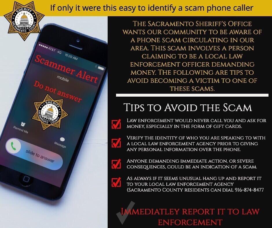 sacsheriff's tweet photo. SCAM ALERT! Please see the attached photo regarding a phone scam circulating in our area and some tips on how to avoid the scam. #ssocfc #phonescam https://t.co/KymH4YQLqa