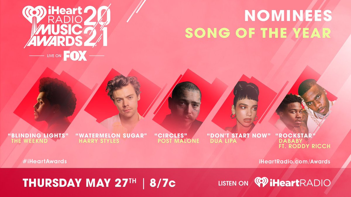 Reminder that the #iHeartAwards2021 is today. Harry is nominated for :

Best Cover - Juice

Best Fan Army

Best Lyrics - Adore You

Best Music Video - Watermelon Sugar

Male Artist of the Year

Song of the Year - Watermelon Sugar

Tune in tonight at 8/7c on <a href="/FOXTV/">FOX</a> to watch.