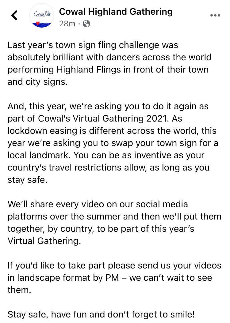 Exciting news from <a href="/cowalgathering/">Cowal Highland Gathering</a> - Fling Challenge! Film a fling in landscape mode in front of your town/city sign and send to them a PM!