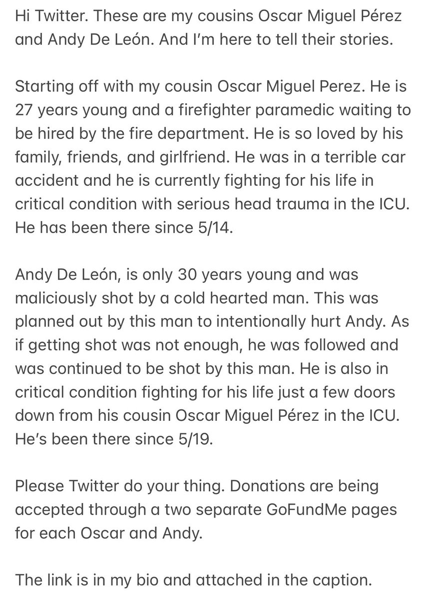 obviouslykathy's tweet photo. Please Twitter do your thing.
Please Retweet, share, spread the word, and keep them in your prayers.
#prayforoscarperez #prayforandydeleon
Donations accepted, GoFundMePages: https://t.co/KUQdIbcPko https://t.co/Jdz0pHjF7d