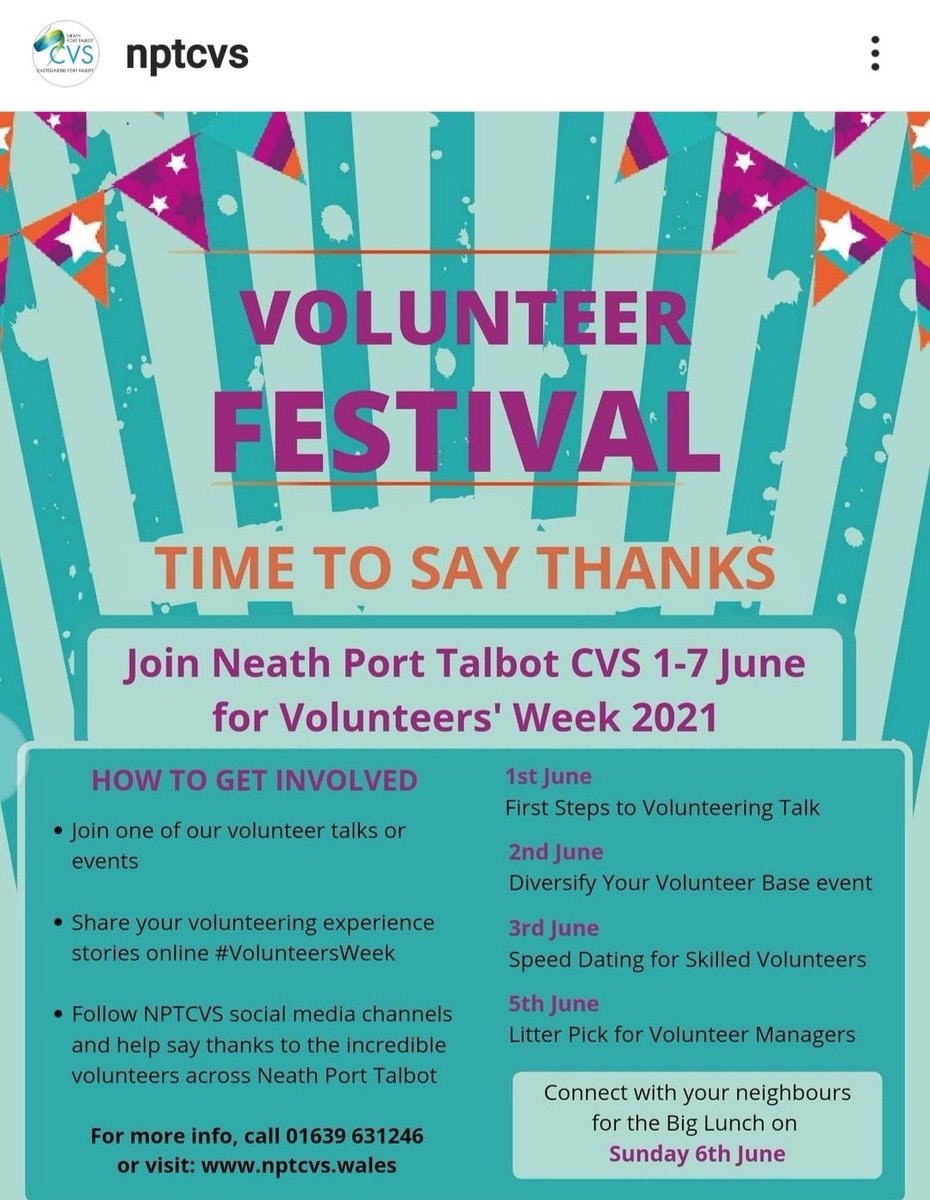 @NPTCVS have a few online events coming up as part of its #VolunteerFestival #volunteering #WestGlamorgan #NeathPortTalbot #Swansea
instagram.com/p/CPYnanglR2w/…