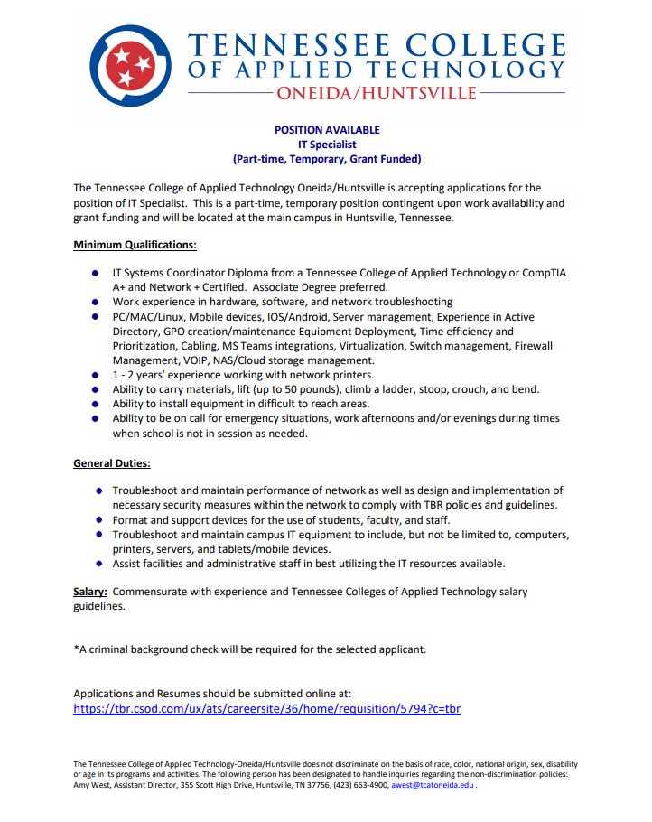 TCATOneida's tweet image. ATTENTION: Do you have a background in welding or IT? TCAT Oneida/Huntsville is looking for an IT Specialist for our main campus in Huntsville and we are also looking for an adjunct Welding Technology instructor for our Fentress County classes at York Institute. Apply online!