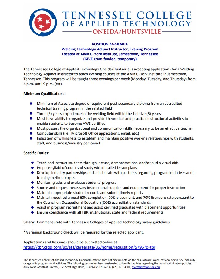 TCATOneida's tweet image. ATTENTION: Do you have a background in welding or IT? TCAT Oneida/Huntsville is looking for an IT Specialist for our main campus in Huntsville and we are also looking for an adjunct Welding Technology instructor for our Fentress County classes at York Institute. Apply online!