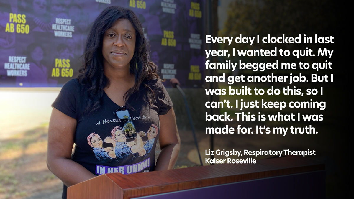 seiu_uhw's tweet photo. Healthcare workers like Liz Grigsby are in Sacramento right now calling on the California State Assembly to pass AB 650 so we can get the recognition we deserve. #SupportAB650 #AB650 @KenCooley @AsmJimCooper https://t.co/kf5bCIbocU
