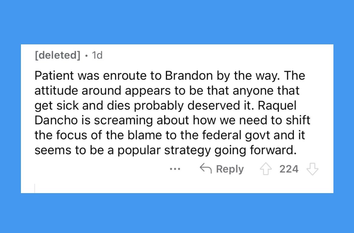 We’ve entered the “Reddit leaks” portion of the 3rd wave. Posted yesterday before the news officially broke. Confirming what was already obvious; @PCcaucus denial and narcissism is killing people in Manitoba #ProtectMB and #ResignPallister #mbpoli @mingoertzen @RaquelDancho