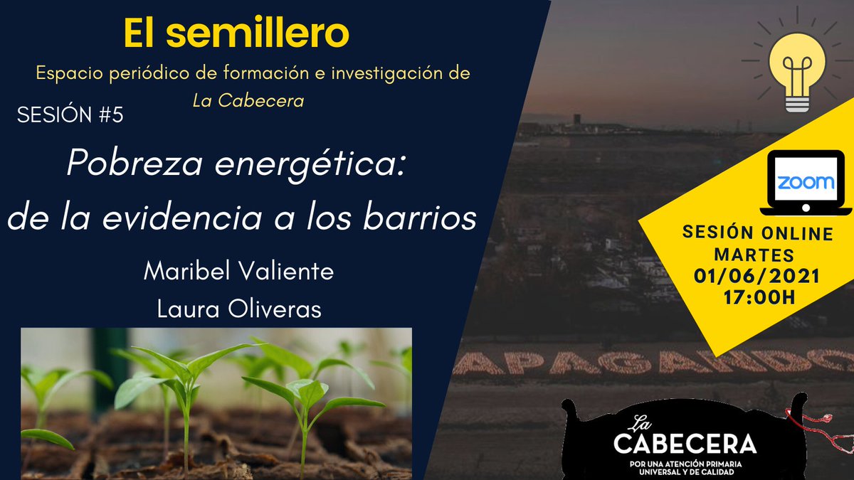 Desde 🌱 El Semillero 🌱 lanzamos nuestra ¡5ª sesión!
De la mano de <a href="/maribelvg94/">Maribel Valiente</a> y <a href="/LauraOliveras_/">Laura Oliveras</a> nos introduciremos en los puntos clave de la Pobreza Energética y cómo introducirnos en su investigación. El martes 1 de junio a las 17h
¡Os esperamos!
Link: us02web.zoom.us/j/81739618238?…