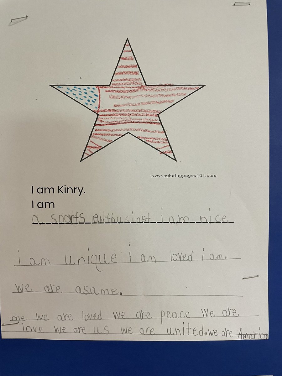 LRawlinDodge's tweet photo. We read “ I Am America” by Charles Smith and had a great discussion about the message of the book. We then wrote a response. @KRESLibrary @ajgerson https://t.co/N4iaacqWTA