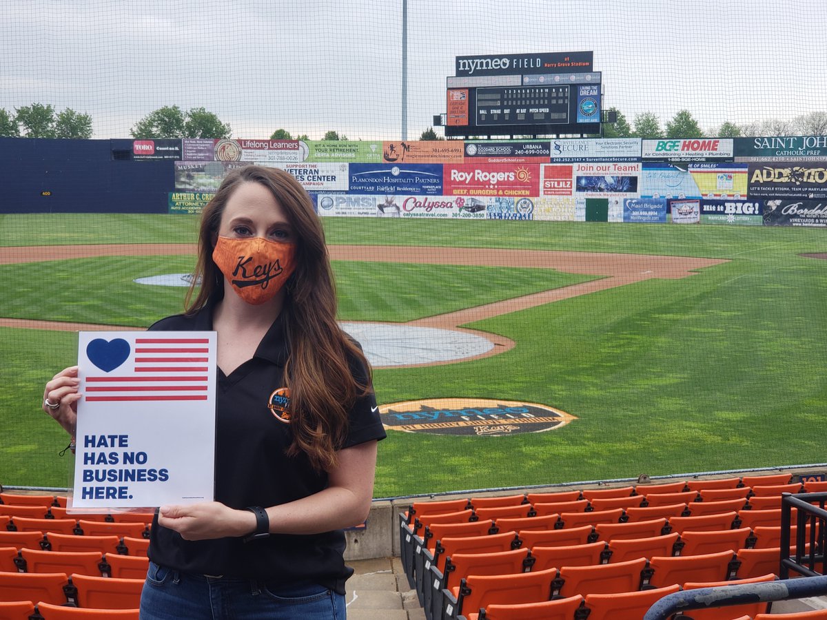 HRC_FredCo's tweet photo. It is time for the home opener &amp; the "Hate Has No Business Here" campaign is rounding the bases with Maci Hill &amp; the #FrederickKeys. BIG SHOUT to the KEYS for standing against hate &amp; indifference. We are excited to partner for future pictures &amp; events. Go Keys!! #frederickhhnbh https://t.co/nRCfVl6Sds