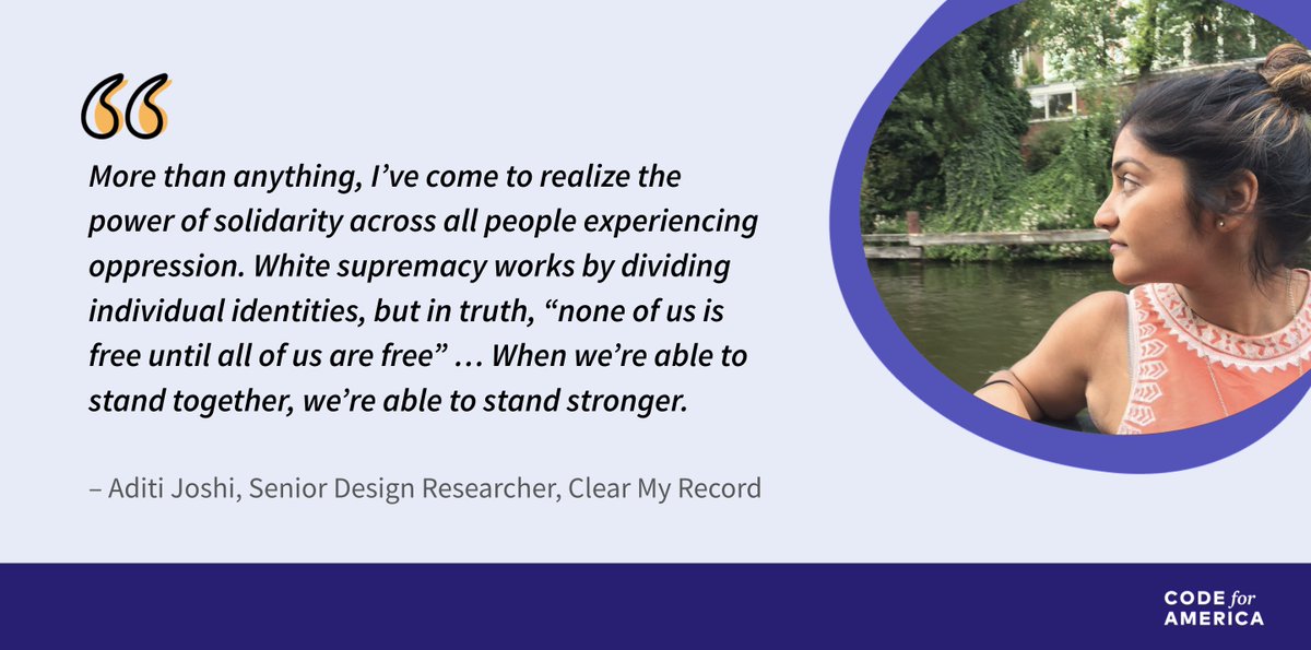 codeforamerica's tweet image. Our latest Leading the Field post features, @aditisjoshi, a Senior Design Researcher for #ClearMyRecord who shares her three-step approach for creating equitable processes &amp;amp; talks about how she&apos;s lifting up stories to help enact #policy &amp;amp; systems change. 
okt.to/ewFaOK