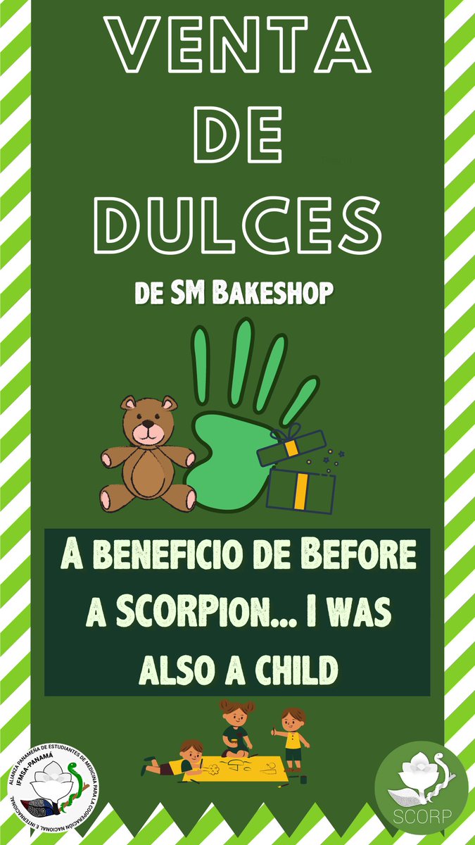 ScorpPanama's tweet photo. Los invitamos a participar en esta gran venta de dulces 🍩a beneficio de Before a SCORPion... I was also a child. 

💚Por que para el postre y la sonrisa siempre hay espacio😁🍪

💚Pueden encontrar más info en la página de Instagram @scorppanama 
#greenhugs #forthekids https://t.co/gDvp8Wc3Wu