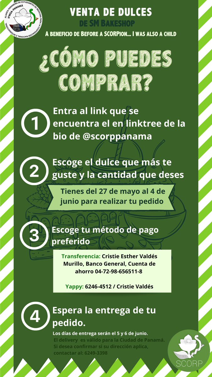 ScorpPanama's tweet photo. Los invitamos a participar en esta gran venta de dulces 🍩a beneficio de Before a SCORPion... I was also a child. 

💚Por que para el postre y la sonrisa siempre hay espacio😁🍪

💚Pueden encontrar más info en la página de Instagram @scorppanama 
#greenhugs #forthekids https://t.co/gDvp8Wc3Wu