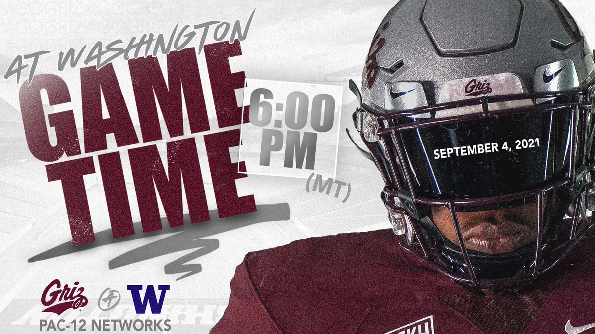 MontanaGrizFB's tweet image. We're under the lights in Seattle! Kick time set for Griz vs Huskies in the season opener.

🕕: 6 PM (MT) / 5 PM (PT)
📺 @Pac12Network 
📅 Sept. 4

#GoGriz