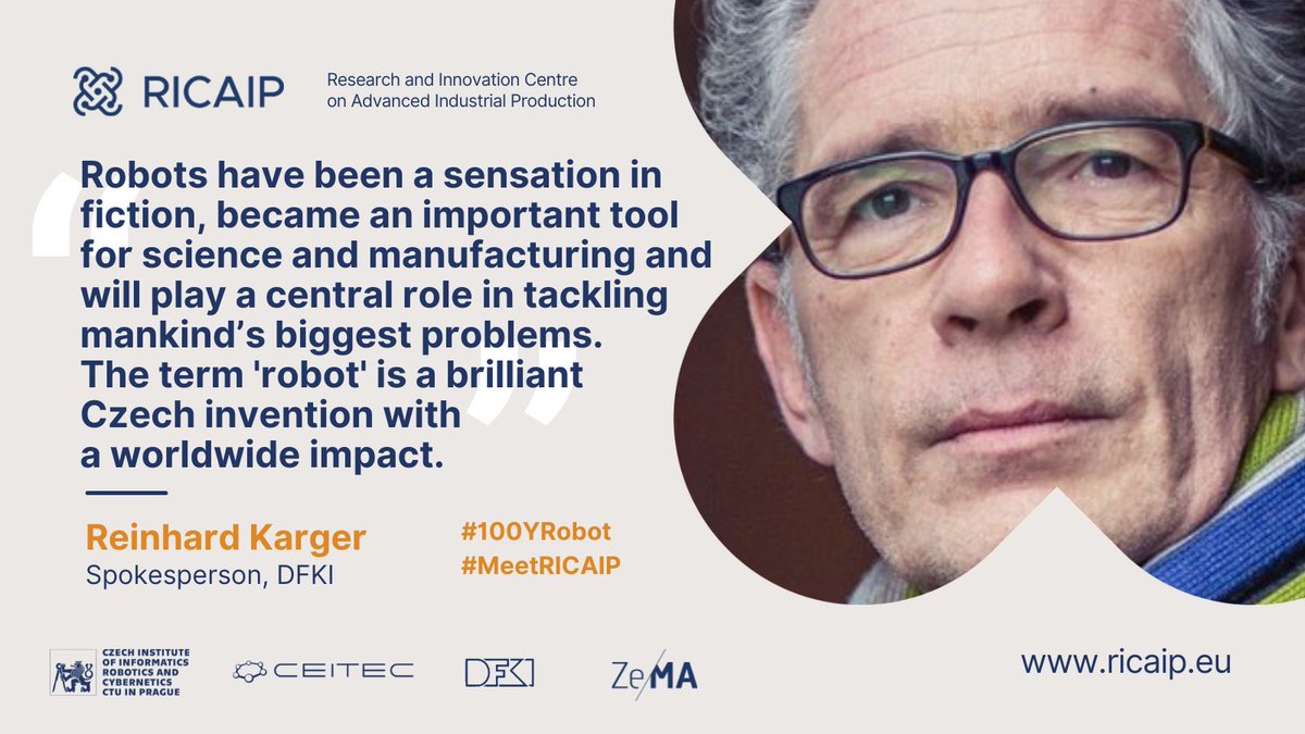 RICAIP_EU's tweet photo. 🎯Apt post by @ReinhardKarger @DFKI to our #100YRobot: The term #Robot is a brilliant Czech invention with a worldwide impact. Robots have been a sensation in fiction & will play a central role in tackling mankind’s biggest problems.
🦾#MeetRICAIP 🇪🇺🇨🇿🇩🇪
☑️https://t.co/GzwqdFBU8Y https://t.co/MUa2dGS3bI