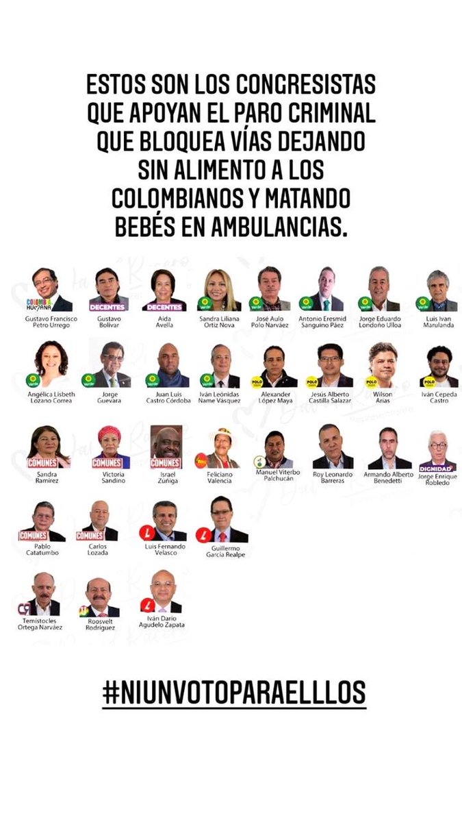 cardenasjorgee's tweet photo. Estos son los congresistas que apoyan el paro criminal que con bloqueos está dejando en la pobreza y sin comida a los colombianos, además de asesinar bebés.

#NIUNVOTOPARAELLOS 

RT https://t.co/iky2K6DRLT