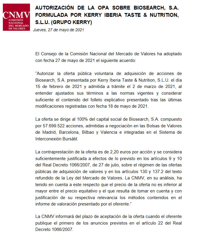 sergioh83's tweet photo. Se lo tomaron con calma, pero ya hay luz verde de la CNMV a la #OPA de #Biosearch $BIO https://t.co/HBfZNY2BLm