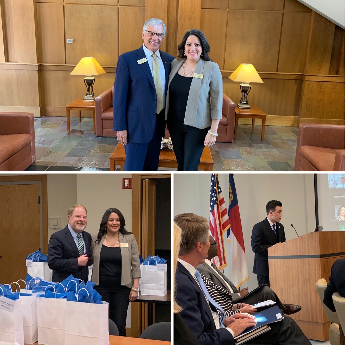 UNCP_Chancellor's tweet image. Engle, #UNCP director of Admissions, was recognized at BOG among the first cohort of the @unc_system Executive Leadership  Institute—congrats to all who completed! 

And welcome to new BOG student representative, Ray!