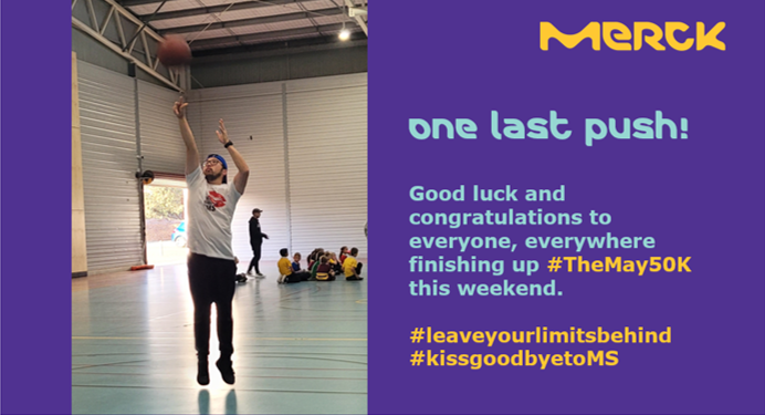 Merck_Australia's tweet photo. One last push! Daniel Wan, account manager, Life Sciences, shows us how it’s done! #TheMay50K #leaveyourlimitsbehind #moveforMS #worldmsday #msconnections https://t.co/ATenXB21Em