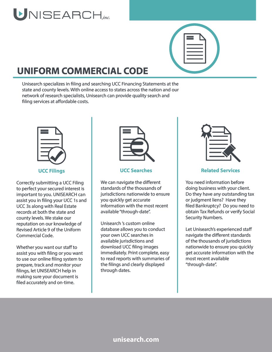 UnisearchInc's tweet photo. We can assist you in different jurisdictions nationwide &amp; get you accurate information with the most recent through-date. Our custom database allows you to conduct your UCC searches &amp; download filings immediately.

Learn more at scott.vogt@unisearch.com or (800) 722-0708 x116! https://t.co/NJ9iqSDqLi