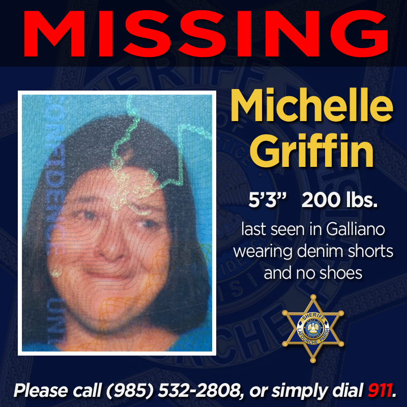 LafourcheSO's tweet photo. #MISSING PERSON: Michelle Griffin, 42, of W. 135th Street, Galliano. She was last seen in Galliano wearing denim shorts and no shoes. If seen, call @LafourcheSO at (985) 532-2808, or simply dial 911.

Full news release: https://t.co/vJxw302dfB https://t.co/qjjbk6ozHS