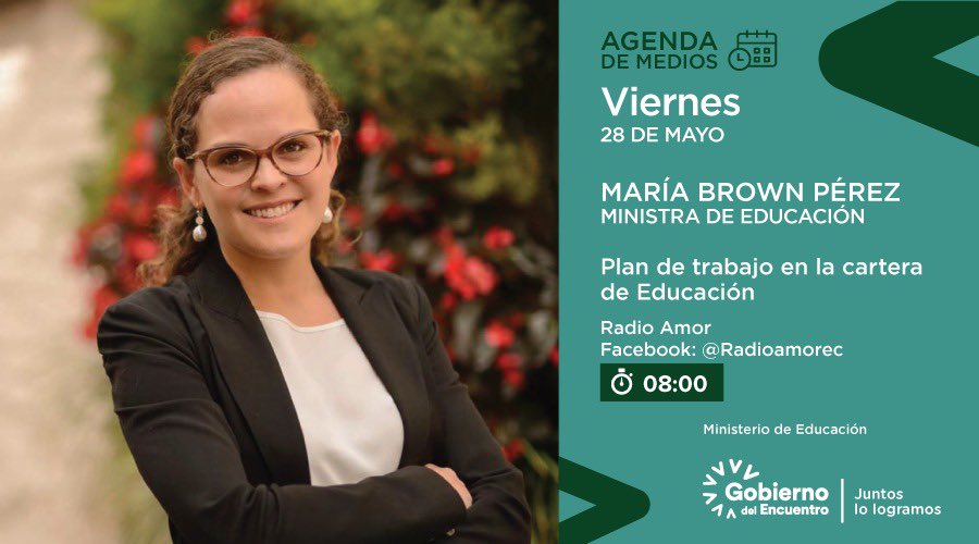 Educacion_Ec's tweet photo. MAÑANA | Sigue la entrevista a la ministra @mariabrownp, por Radio Amor, donde hablará sobre su plan de trabajo en beneficio de la comunidad educativa. #EncontrémonosPorLaEducación 

📌 https://t.co/R2lZmfBgWJ https://t.co/Q1Fy9Qpx8Y