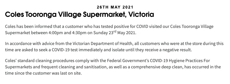 renza_7's tweet photo. @VicGovDH can we get some clarity on this? Coles says that the Tooronga Village store was an exposure site, but there is no mention of it on your website or the @abcnews list of sites. https://t.co/hF9HuCGU1u