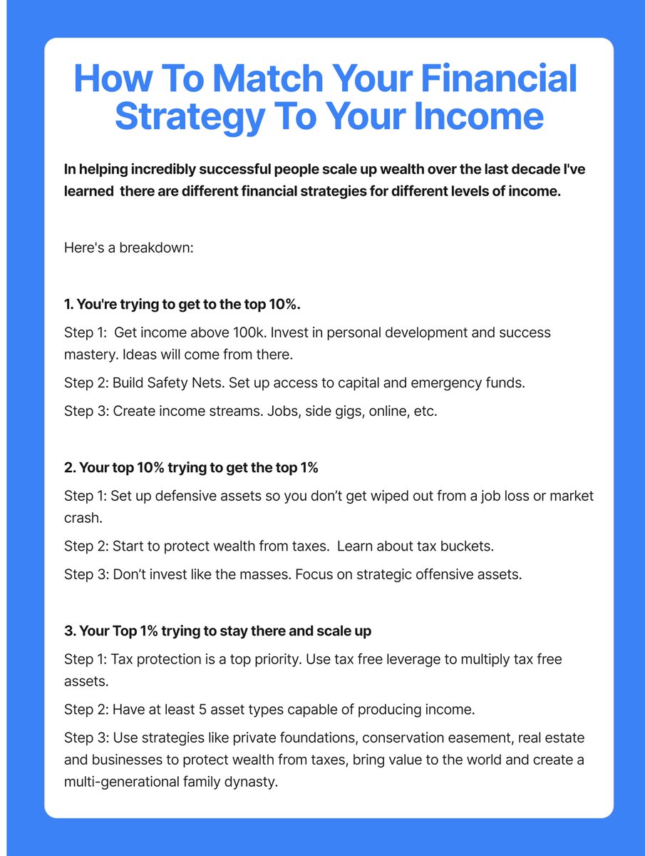 DenverNowicz's tweet photo. How to match your financial strategy to your income:

#wealthcreation #scalingwealth #taxprotection https://t.co/hqaZXl13wP
