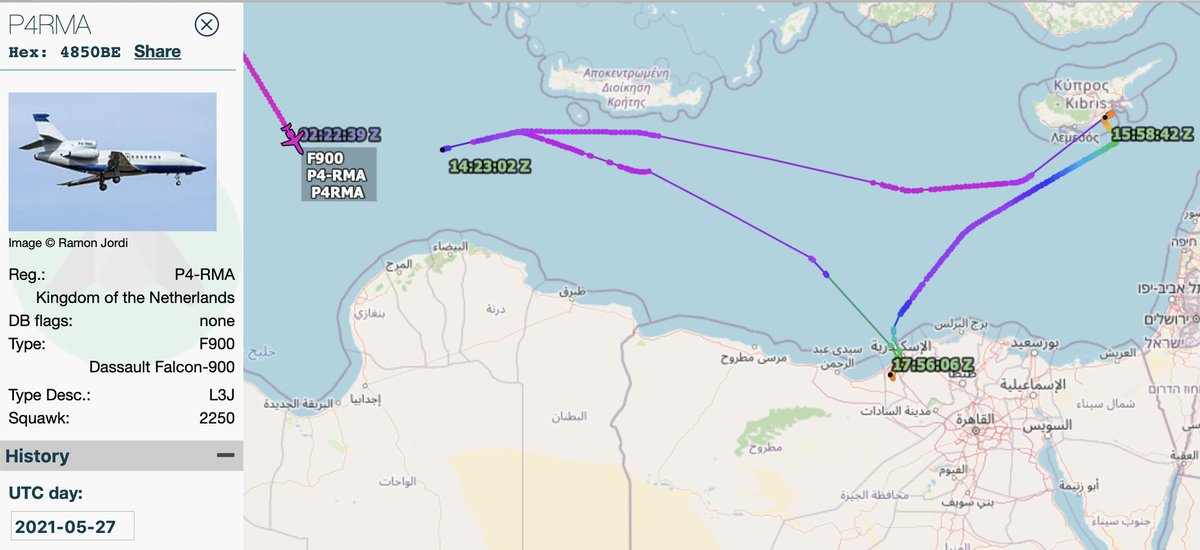 إحدى طائرات #حفتر الخاصة Falcon900 P4-RMA والتي سافر بها #المنفي إلى #نيجيريا غادرت أول أمس 26 مايو من #طرابلس إلى مطار #بوردو ب #فرنسا لمدة ساعة ثم إلى #إيرلندا لمدة ساعة ثم إلى #شرق_ليبيا
أمس غادرت #بنغازي إلى #قبرص لمدة 10 دقائق ثم إلى #الاسكندرية لمدة ساعة ثم عادت لشرق #ليبيا