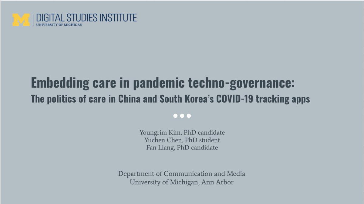Youngrim Kim (@youngrim__kim) on Twitter photo Also, find our #ica21 presentation which was chosen as one of the Top Student Paper winner for <a href="/ICA_CAT/">The Communication & Technology Division of ICA</a>! @yuchenmaybe <a href="/fanliang86/">Fan Liang</a> and I critically examine china and s.korea’s covid tracking apps from the feminist understanding of the politics of care. Also, find our #ica21 presentation which was chosen as one of the Top Student Paper winner for <a href="/ICA_CAT/">The Communication & Technology Division of ICA</a>! @yuchenmaybe <a href="/fanliang86/">Fan Liang</a> and I critically examine china and s.korea’s covid tracking apps from the feminist understanding of the politics of care.
