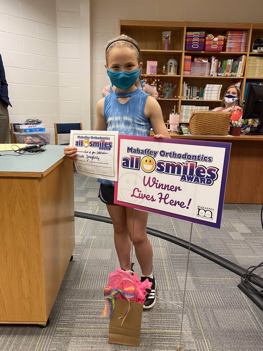 inmaneagles's tweet photo. The Mahaffey Orthodontics All Smiles Award is presented to a 4th &amp; 5th grade student who has an exceptional attitude.  Mahaffey Orthodontics has provided a $100 Amazon Gift Card, magnet, bumper sticker and yard sign.  Nicole Dougherty was presented the award today during ETV. 😁 https://t.co/lZGaONkj39