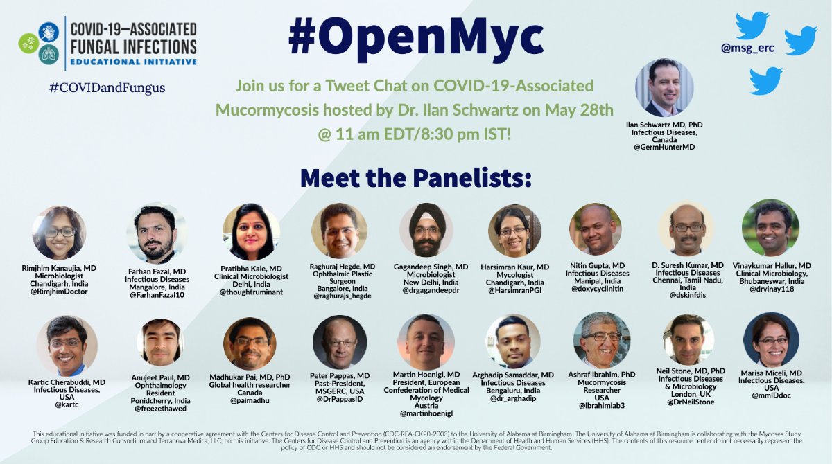 JCarolynn's tweet photo. Join the #OpenMyc Tweet Chat Friday, May 28 11am EDT, 8:30PM IST #covidandfungus #msg_erc Meet the panelists. Hosted by Ilan Schwartz, MD and MSGERC https://t.co/qMFEF7gKCN