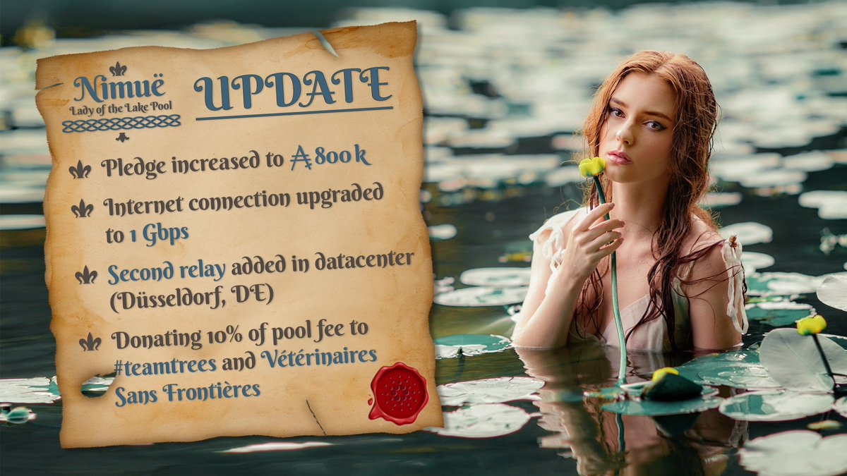 nimuepool's tweet image. Nimuë did some changes to the pool that will make it more interesting for delegators. Besides @teamtreesofficl, she'll also donate to @VSF_Belgium from now on. You're very welcome to stake with her and help populating the world with trees and healthy animals. #Cardano $ADA