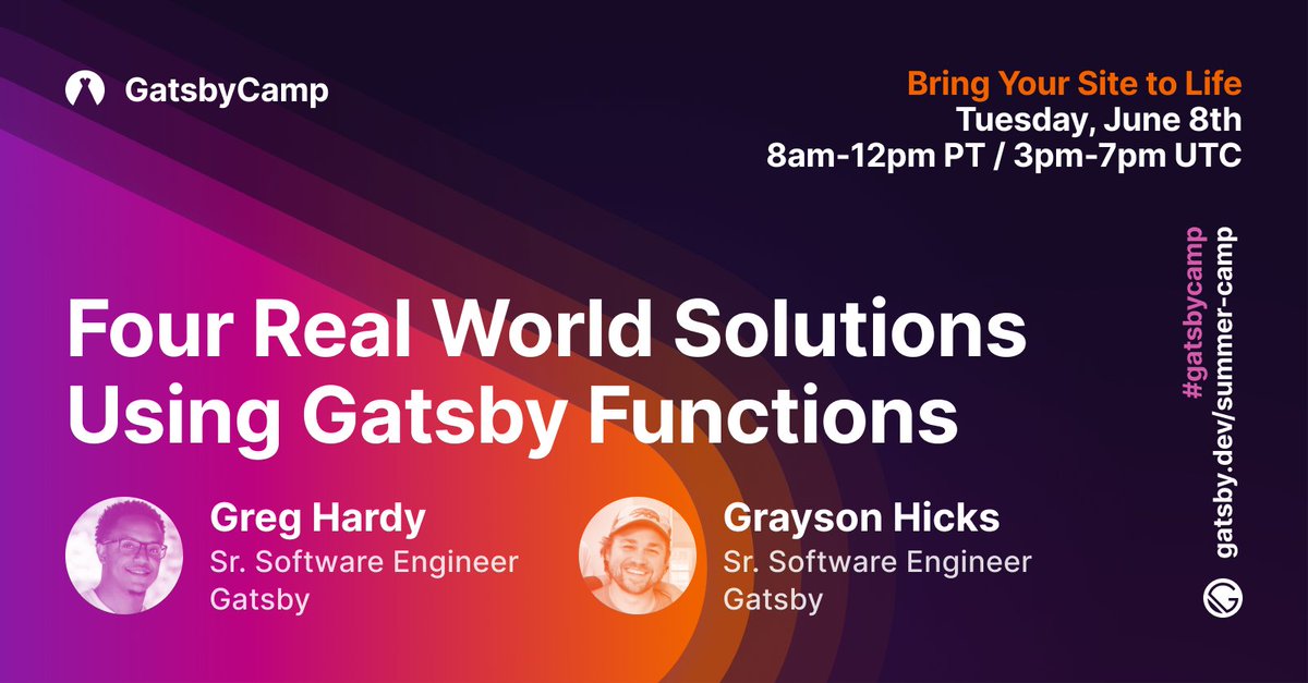 GatsbyJS's tweet image. ๐คจ Like everyone on the Gatsby Customer Success team, @gdhardy1 and @graysonhicks take problem-solving Very Seriously.
๐๏ธ Don't miss their talk plus the live Q and A about using #GatsbyFunctions to level up your site on June 8th at #GatsbyCamp!
๐๐พ bit.ly/3bwtAc5