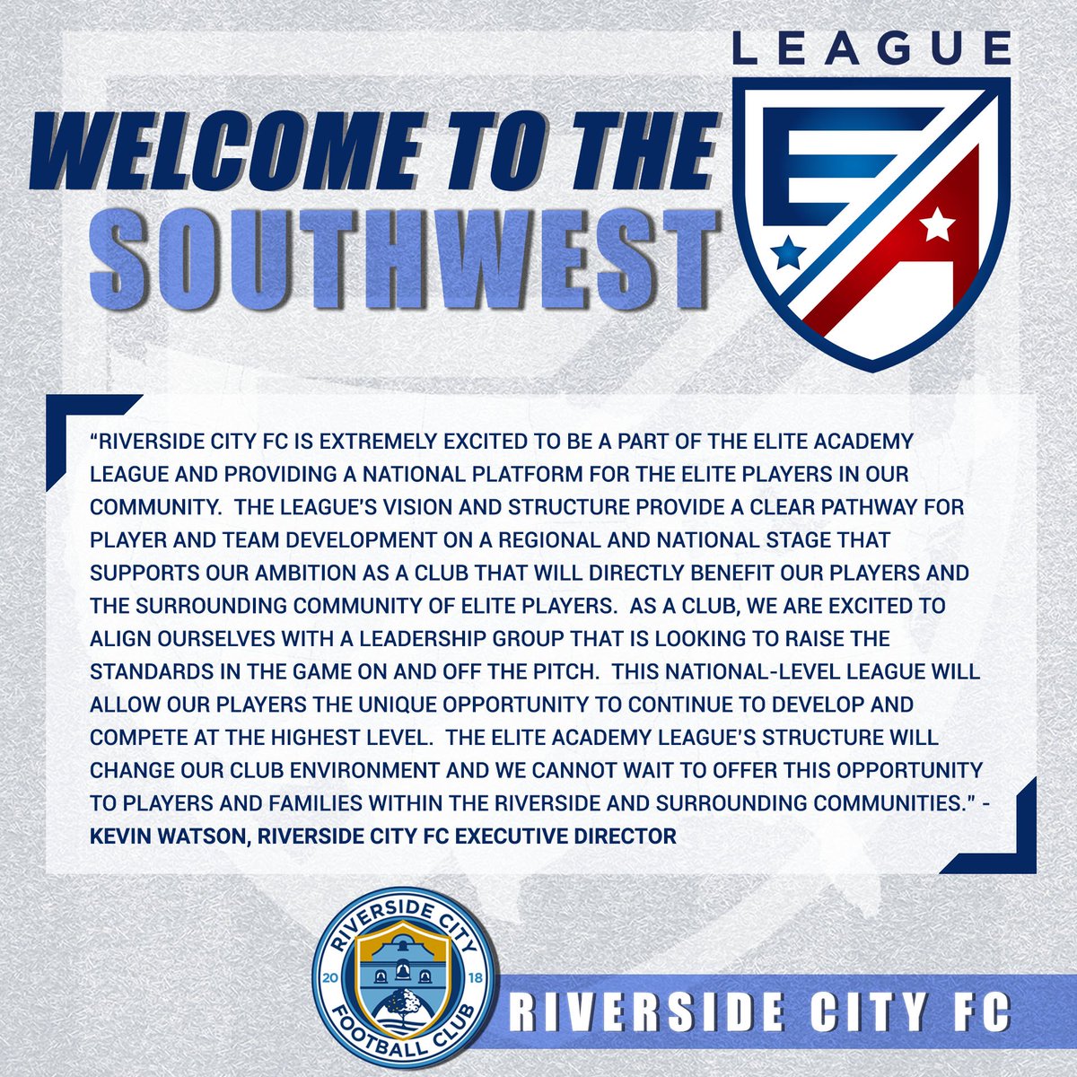 EliteAcademyL's tweet photo. Welcome to the Elite Academy League and the Southwest Conference, @riversidecityfc‼️

#WERELITE #EliteAcademyLeague https://t.co/T3Mr5LPol3