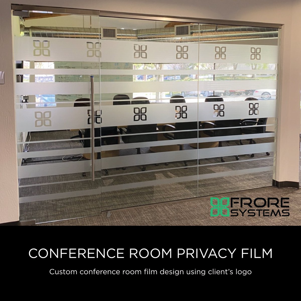 Pro_Signs_Inc's tweet photo. Adding custom #decorativefilm to #office windows offers style &amp; privacy. This custom design by Pro Signs utilizes Frore’s logo &amp; grants them some privacy while still allowing light to shine in.
#privacyfilm #conferenceroom #signdesign #sanjosesigns #bayareasigns https://t.co/KpP6AdhgmQ