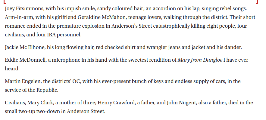 Hannyhas's tweet photo. #OTD  28/5/72 Anderson Street, part nitrobenzine IRA bomb.
Exploded between `2 up - 2 down` &amp; car boot approx 3am. 
8 bodies blown to pieces - 4 IRA.
3 year old boy &amp; 7 year old girl injured. Their mother killed.
A girlfriend was blown up.
Explosives traces on male civilian hand. https://t.co/9eOKCHbOfd