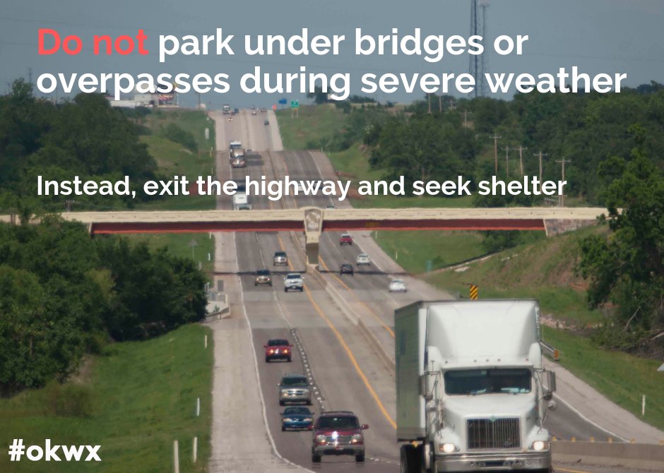 WEATHER SAFETY: Blocking the roadway to stop under a bridge during a storm can cause crashes and delay first responders. Plan ahead to avoid driving into severe weather. #okwx