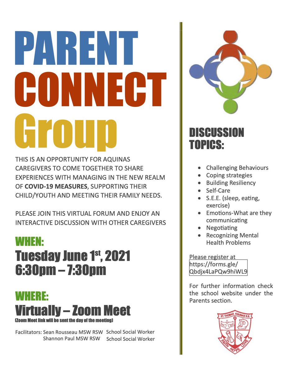 On June 1st, at 6:30pm, the STA Social Work Staff will be virtually hosting an evening for Aquinas Caregivers. For more info, please visit the Parents tab on our website!

Register here:
forms.gle/hnBcgFkPYT4DNg…

A zoom link will be sent out closer to the date!