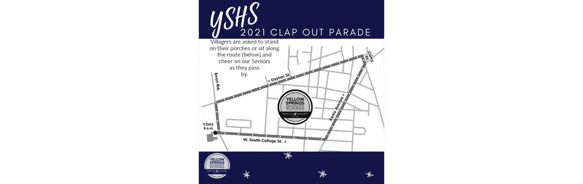 Tonight we will be celebrating our YSHS Class of 2021 under the stars.  Line up along the route and help us cheer them on between 8-8:30 p.m. as they travel through town for their clap out parade!  
You can also watch commencement virtually here: youtu.be/4MUVesJbsi0.
