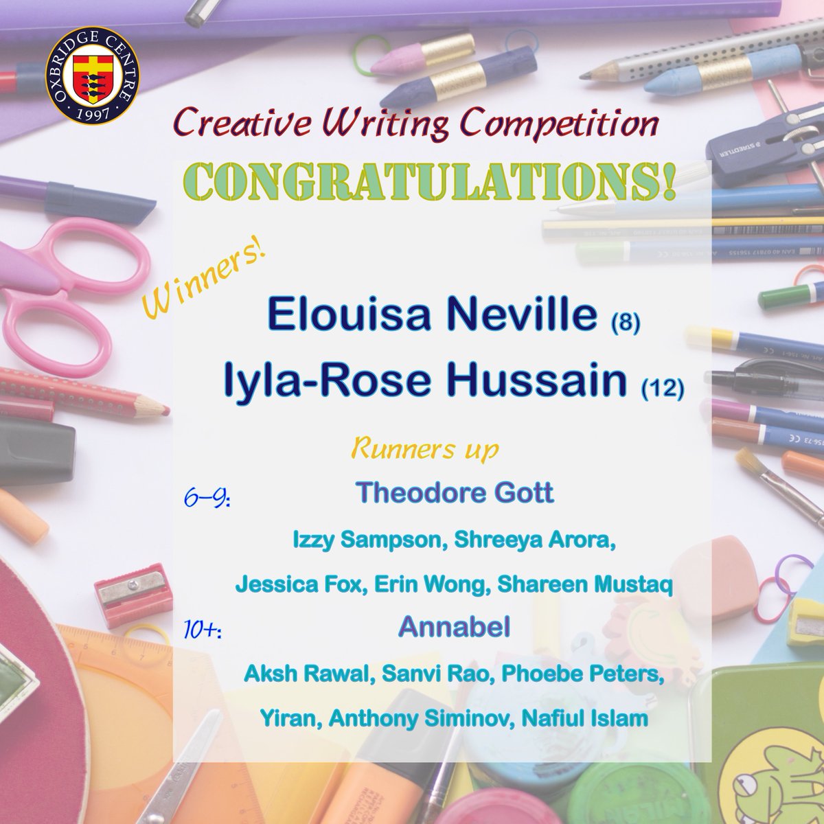 oxbridge_uk's tweet photo. We are pleased to announce the winners and runners up of our latest writing competition. 👏

Thank you to all the young, talented writers who entered; we had many wonderful entries.

Please look out for our next competition tomorrow!
.
.
.
.
#competition https://t.co/BTyIM97ZTk