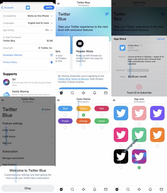 1. Twitter is literally showing the in-app purchase on the App Store 2. Twitter is working on “Reader Mode” which makes tweet threads easier to read 3. A screen of me subscribing to Twitter Blue 4. The Twitter Blue settings page, with an onboarding popup which says “Welcome to Twitter Blue” 5. A screen of Twitter Blue-exclusive Color Themes: blue, yellow, red, purple, orange, green 6. A screen of Twitter Blue-exclusive App Icons
