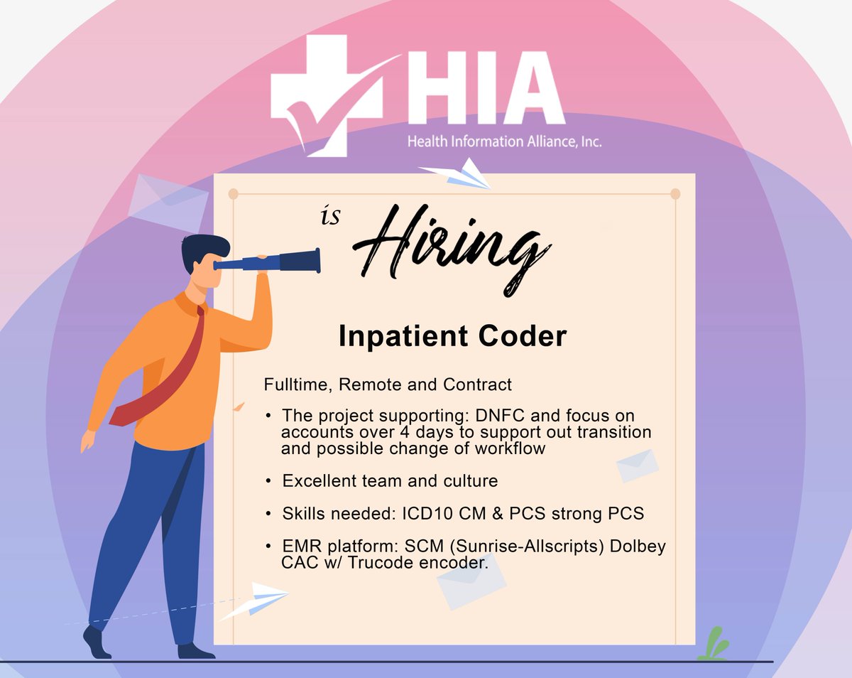 HIA_CoreMeasure's tweet image. Health Information Alliance. is seeking Part Time/PRN, In-Patient Coder for our growing Medical Coding Division. Apply healthinformationalliance.com/career/in-pati…
#HIA #IPCoder #InpatientCoder #MedicalCoder #ICD10 #Nurse