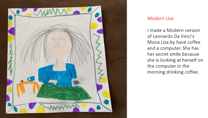 MrsMackayGrade4's tweet photo. Part 2:  After learning a little bit about Leonardo Da Vinci, we made a copy of his work and called it "Modern Lisa.  We explain why she has a secret smile in our pieces. https://t.co/9DG1A3vzvB