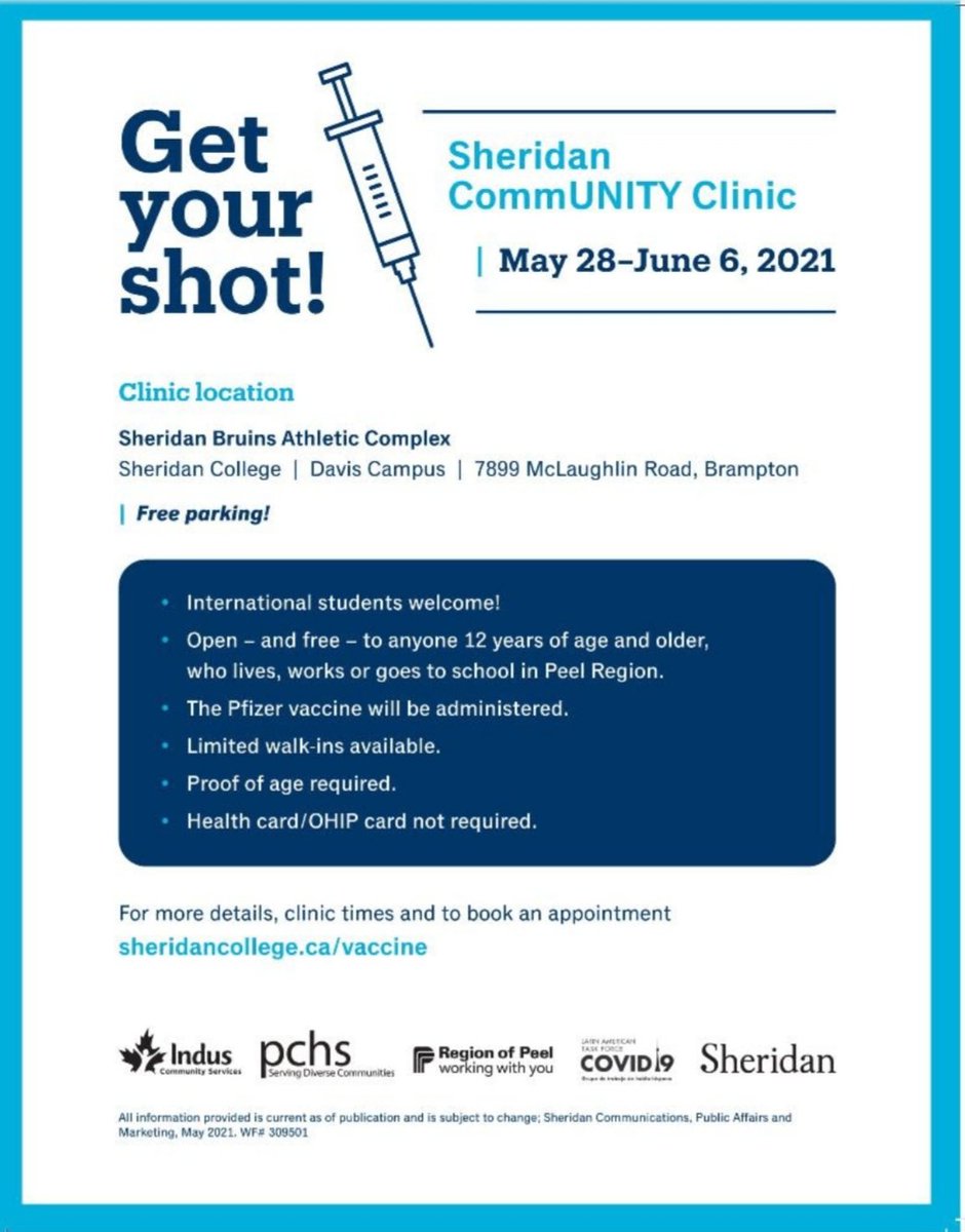VaxHuntersON's tweet photo. Brampton 12+ Live/work/students in Peel - 1st dose only.

May 28-June 6 @ Sheridan College David Campus - 7899 McLauglin Road.

By appointment with limited walk-in.

https://t.co/0jjpjTRFKA

See posters for details.

#covid19 #COVID19ON
#COVID19Vaccines #vhcON
#brampton https://t.co/6U6DpN73fs