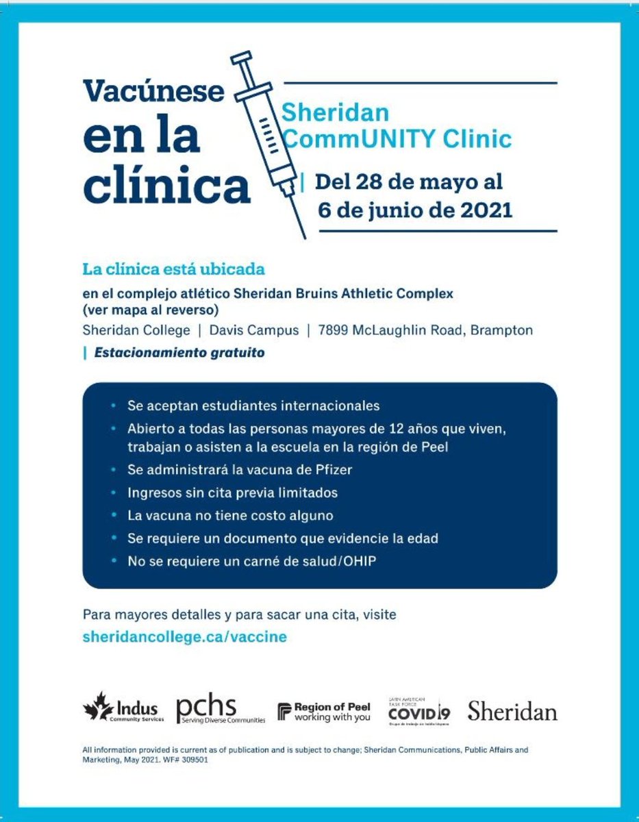 VaxHuntersON's tweet photo. Brampton 12+ Live/work/students in Peel - 1st dose only.

May 28-June 6 @ Sheridan College David Campus - 7899 McLauglin Road.

By appointment with limited walk-in.

https://t.co/0jjpjTRFKA

See posters for details.

#covid19 #COVID19ON
#COVID19Vaccines #vhcON
#brampton https://t.co/6U6DpN73fs