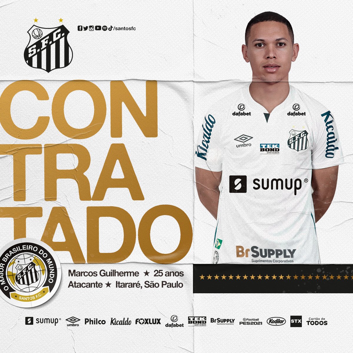 SantosFC's tweet photo. MARCOS GUILHERME É DO PEIXÃO! ✍🏼
O meia-atacante Marcos Guilherme é mais um reforço do Santos FC. O jogador de 25 anos chega por empréstimo junto ao Internacional até 30 de junho de 2022. https://t.co/gQMIzmpjTU