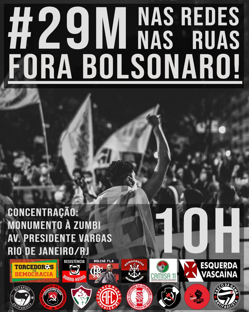 ComunaRNOficial's tweet photo. Torcidas democráticas e antifas do Rio pelo direito à vida!

Dia 29/05 (sábado), coletivos de torcedores democráticos e antifascistas de grandes times do Rio de Janeiro se unem aos protestos “Fora Bolsonaro!”. https://t.co/JO7O7Ee9v4