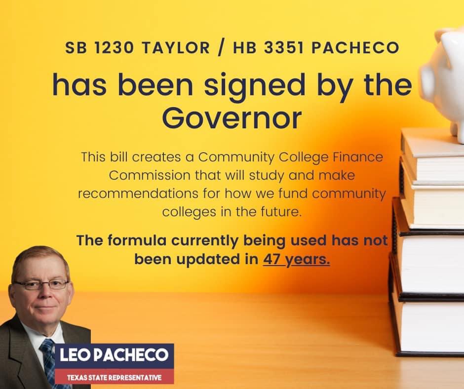 I am proud to announce that HB 3351 has been signed into law by the Governor. This bill will bring much-needed change and recommendations to a formula that has not been updated in over 47 years. #txlege